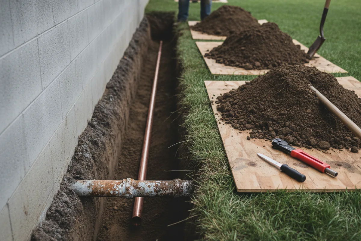 Excavated water line trench during Water Heater Repair in Webster